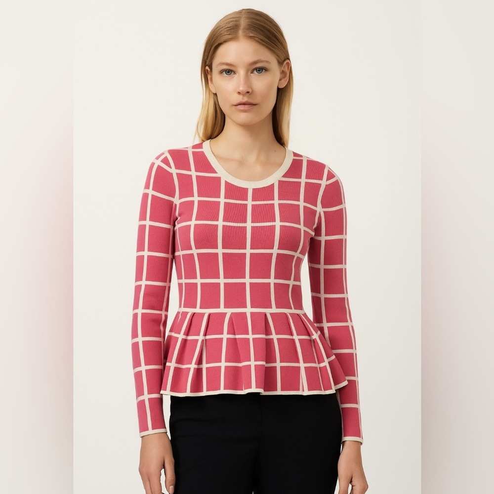 Banana Republic Pink Windowpane Check Peplum Sweater Knit Top XS Barbie